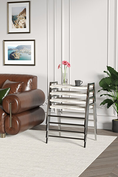 ED Efelez Design Zigon Sehpa , Aden 4'lü Tepsi Zigon Sehpa Takımı Gümüş Metal...