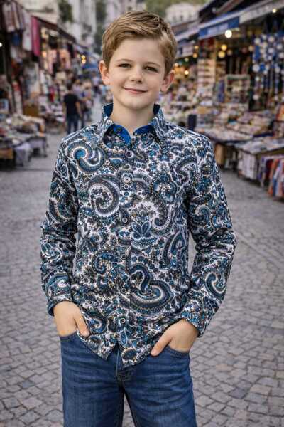 Louis Kids New Season Shawl Patterned Long Sleeve Children's Shirt