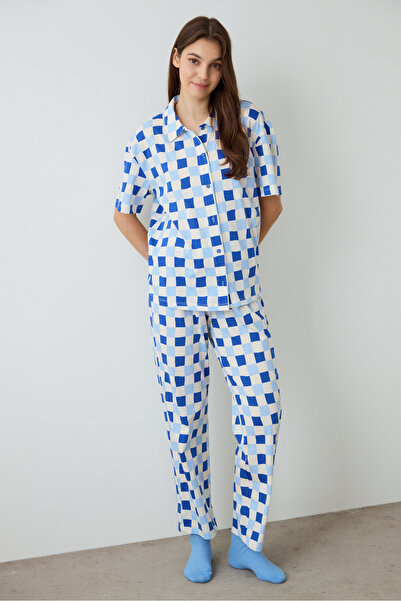 Penti Kariertes Rhea Gingham-Pyjama-Set aus Baumwolle mit Hemdkragen und kurzen Ärmeln