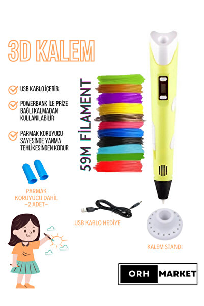 ORH SARI 3d Kalem 3d Pen Yazıcı Kalem – Çok Renkli PLA Filament (TOPLAM 59M) ...