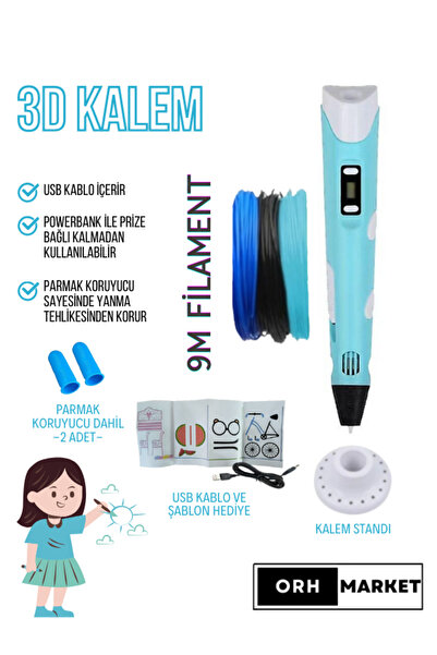 ORH Market Mavi 3d Kalem 3d Pen Yazıcı Kalem – 3 Adet 3 Metrelik Pla Filament...