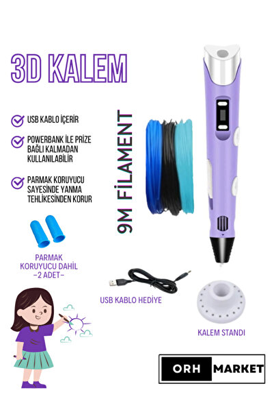 ORH Market Mor 3d Kalem 3d Pen Yazıcı Kalem – 3 Adet 3 Metrelik Pla Filament ...