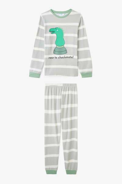 Penti Hellgraues Pyjama-Set für Jungen mit Schachspiel- und Dinosaurier-Muster