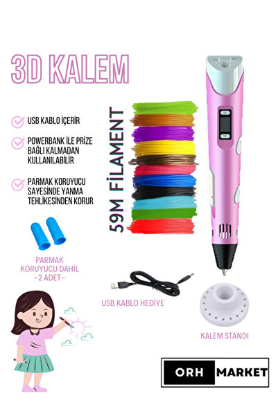 ORH PEMBE 3d Kalem 3d Pen Yazıcı Kalem – Çok Renkli Pla Filament Usb Kablo