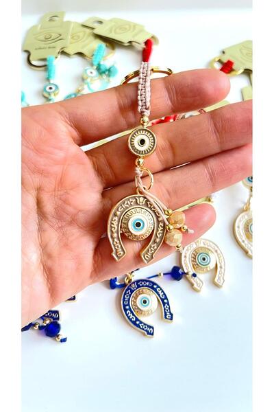 Cassime Beige Horseshoe Patterned Gold Plated Evil Eye Keychain