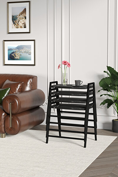 ED Efelez Design Zigon Sehpa , Aden 4'lü Tepsi Zigon Sehpa Takımı Siyah Metal...