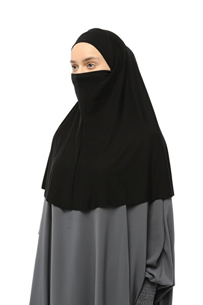 Altobeh Hazır Türban Peçeli Pratik Eşarp Tesettür Nikaplı Hijab - Namaz Örtüsü Sufle (XL) - Siyah