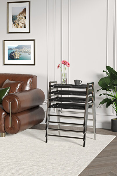 ED Efelez Design Zigon Sehpa , Aden 4'lü Tepsi Zigon Sehpa Takımı Gümüş Metal...