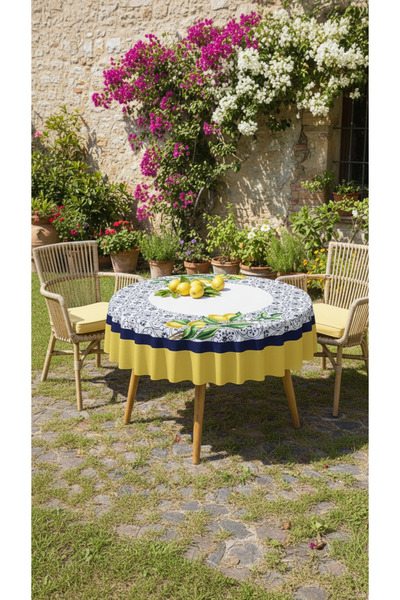 Tropikhome Dijital Sarı Limon Desenli Silinebilir Yuvarlak Masa Örtüsü