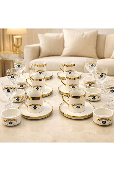 YzHome 6 Kişilik Porselen Nazar Göz Fincan Takımı Seti ve 6 Adet Porselen Lok...