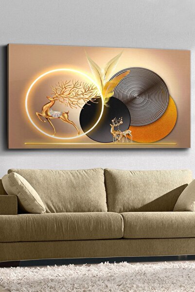 Evinemoda Gold Geyik Yuvarlak Desenler Tek Parça Işıksız Kanvas - Canvas Tablo