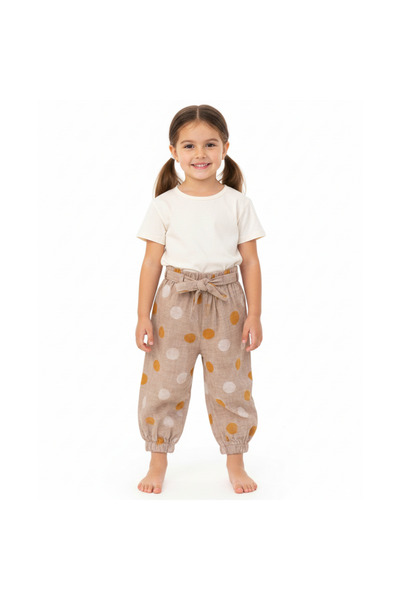 Escabel Girl's Linen Trousers Beige – Large Polka Dots, Original B Printed El...