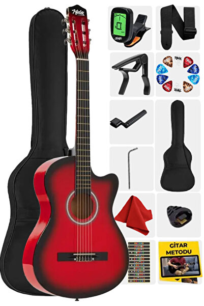 Midex CG-395RD Kırmızı Renk Kesik Klasik Gitar 4/4 Yetişkin Boy Sap Ayarlı Full Set