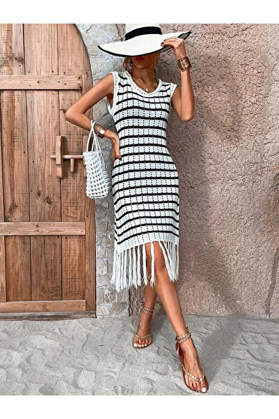 HAZEGO Γυναικεία αμάνικη φούστα με λαιμόκοψη σε γραμμή με φούντα Πλεκτό φόρεμα