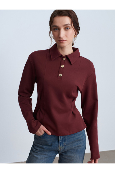 Dilvin 32336 Polo Neck Button Detailed Blouse-Burgundy
