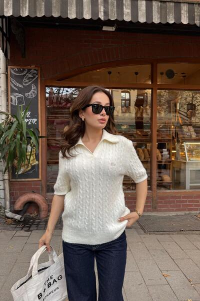 mylove سترة بولو ذات ياقة وحياكة قصيرة الأكمام بلون إكرو