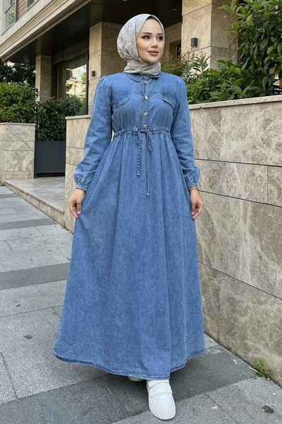 N.S NEVA STYLE Button Detailed Dark Blue Hijab Denim Dress 19154Km