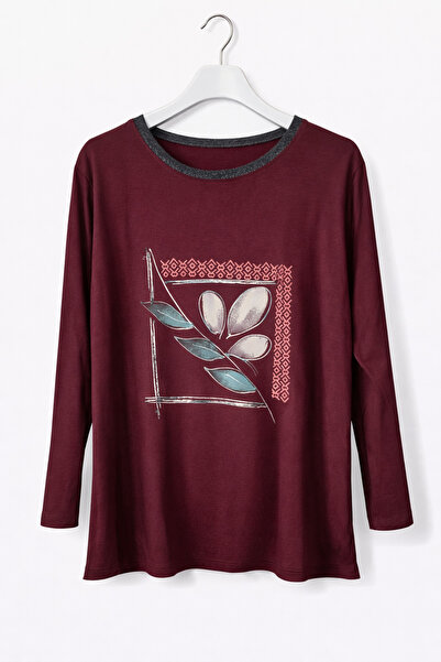 günay boutıque Plus Size Women's Burgundy Long Sleeve Blouse – Leaf Pattern P...