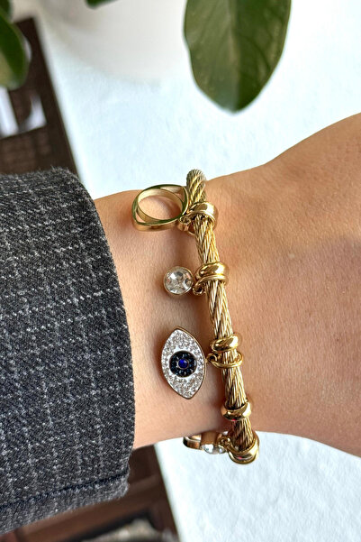 Leo'Stone Özel Seri Nazar Boncuğu Charmlı Kadın Çelik Kelepçe Bileklik