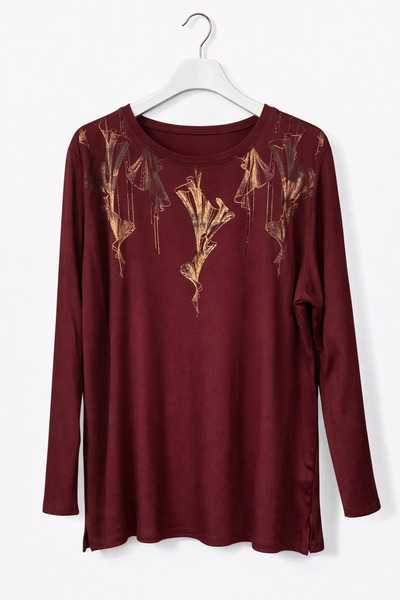 günay boutıque Plus Size Women's Burgundy Long Sleeve Blouse – Gold Leaf Patt...