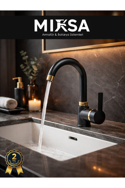 MİXSA Lüx Siyah-Gold Armut Baston Borulu Banyo Lavabo Bataryası, Musluğu, Çeş...
