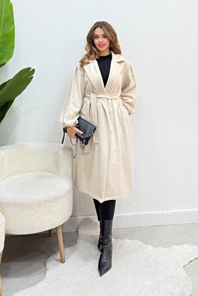 Swana Kadın Balon Kol Astarsız Kuşaklı Kaban- Bej