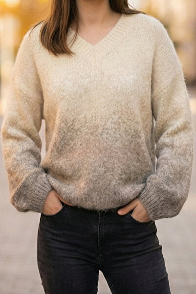 Robin T95130 V Yaka Renk Geçişli Kalın Oversize Kadın Triko Kazak