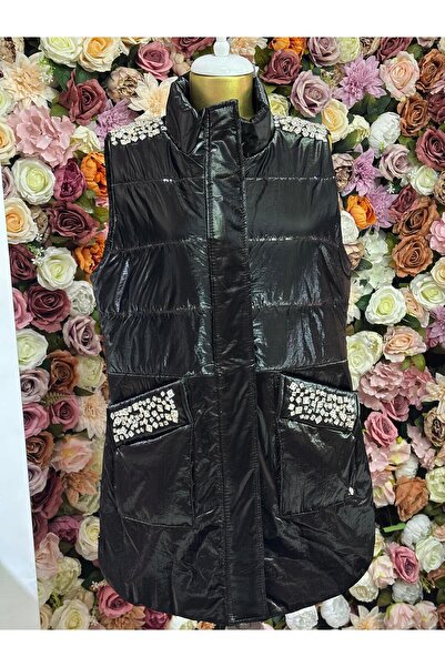 Moodbasic Kadın siyah pul nakışlı taşlı yelek