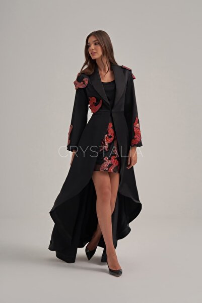 CRYSTALİA Saten Jakar Motifli Ceket - Siyah