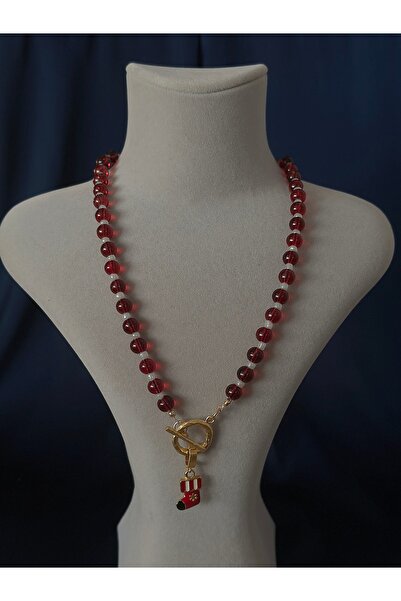 Butik Red Natural Stone Necklace with Lock Detail