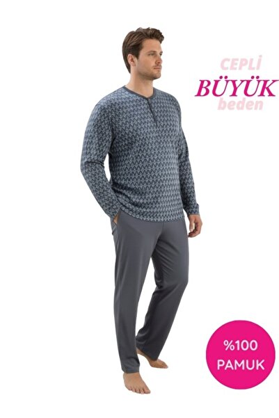 seamlife Men's Plus Size Crew Neck 3-Button Transitional Long Sleeve Pajama Set