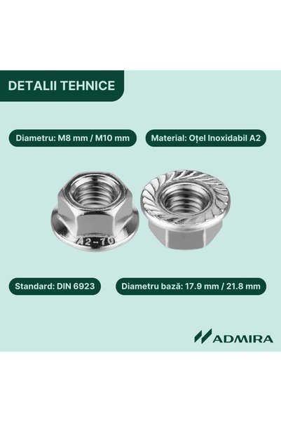 Admira Systems Set 100 Piulite Hexagonale cu Flansa Autoblocanta DIN 6923, Inox (A2), M8