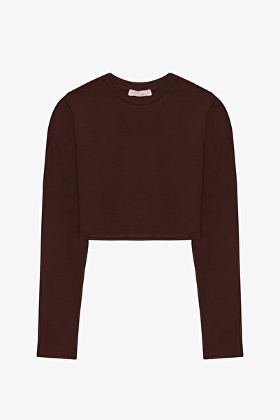 Quzu Bisiklet Yaka Uzun Kol Basic Crop Bluz Kahverengi