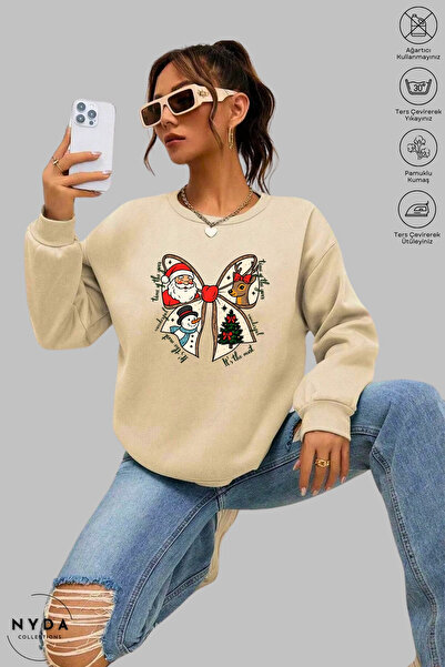 Nyda Collections Unisex Long Sleeve Bowknot Christmas Printed Crew Neck Hoodless Fleece-Lined Oversized Sweatshirt