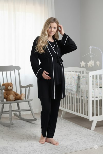 Pelin Women's Black Adjustable Waist Piped Maternity Pajama Set with Hidden Nursing Feature, 3-Piece Maternity Pajama Set