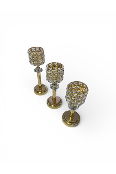 CENGİZ ÇEYİZ Kristal Taşlı 3'lü Şamdan Mumluk 302