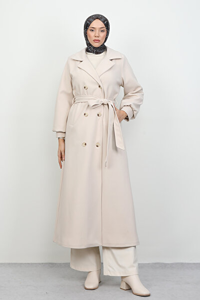 Lamia Giyim Uzun 6 Düğmeli Kaban Krem
