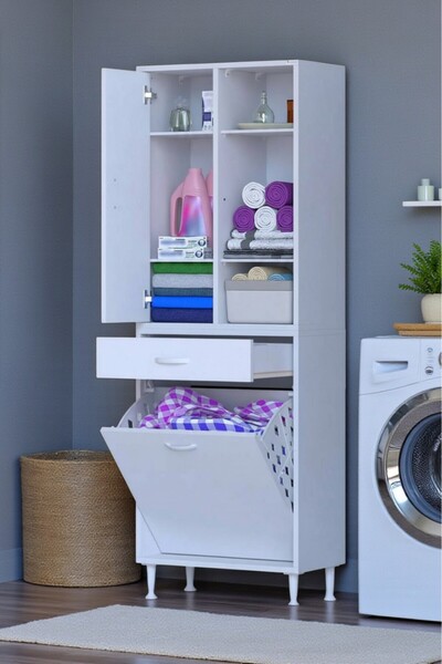 Eliusta Mira Dolap 6 Bölme Çok Fonksiyonlu Banyo Dolabı 60 cm Beyaz Sepetli D...