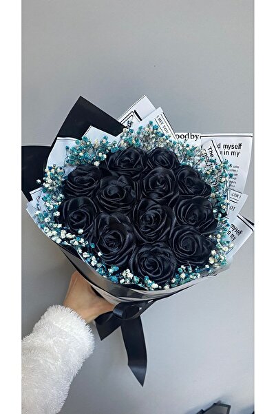 Buketim Seninle 12'li Siyah Cipsolu Solmayan Gül Buketi, Kurdele Çiçek, Sevgi...