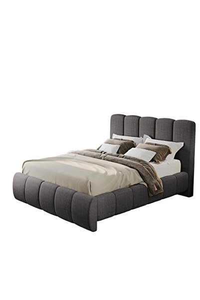 Conforto.ro Pat dublu tapitat Nuvole, cadru lemn si pal, gri antracit, cu somiera fixa