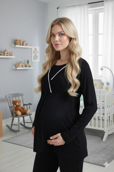 Pelin Women's Black Adjustable Waist Piped Maternity Pajama Set with Hidden Nursing Feature, 3-Piece Maternity Pajama Set