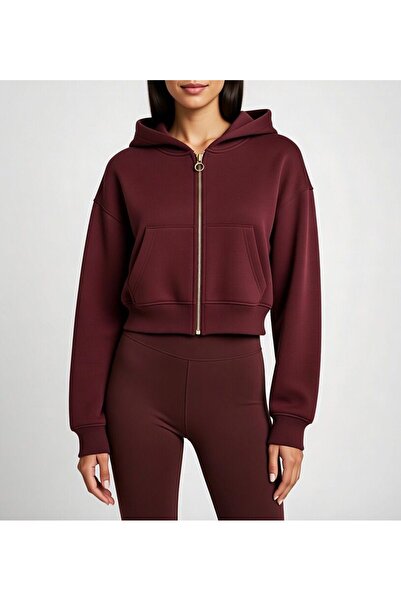 HELLİE Kadın Bordo Fermuarlı Crop Kapüşonlu Sweatshirt
