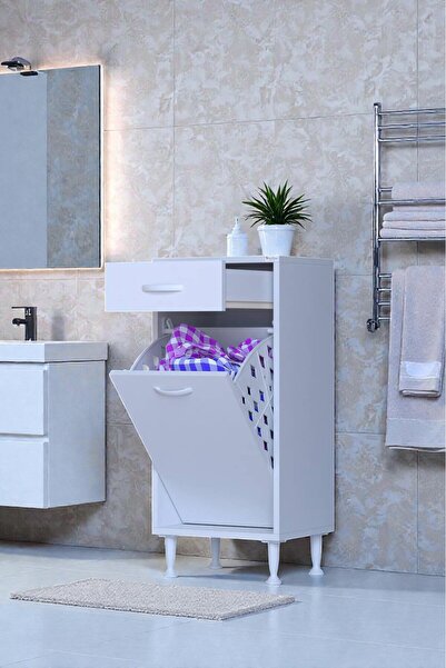 Eliusta Asil 35 cm Kirli Çamaşır Sepetli Banyo Dolabı 1 Çekmeceli Mutfak Çok Amaçlı Dolap 35x88x32,5 cm
