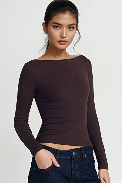 Trend Alaçatı Stili Women's Bitter Brown Boat Neck Soft Textured Blouse Alc-X14831