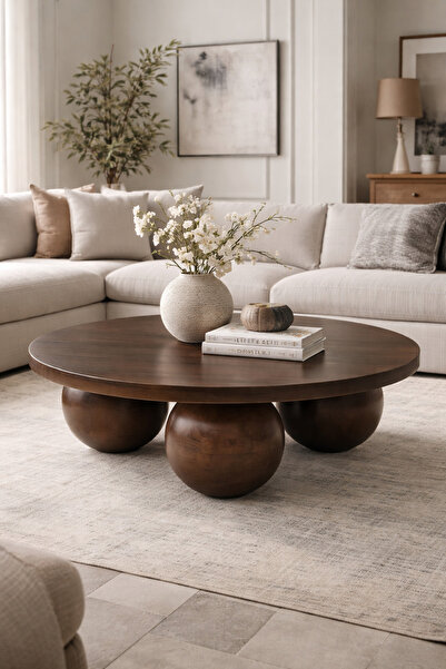 Trihome Modern Tasarım Masif Ağaç Orta Sehpa – Top Ayaklı, El Yapımı 100cm