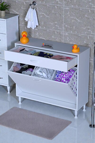 Eliusta Asil 90 cm Kirli Çamaşır Sepetli Banyo Dolabı 1 Çekmeceli Mutfak Çok ...