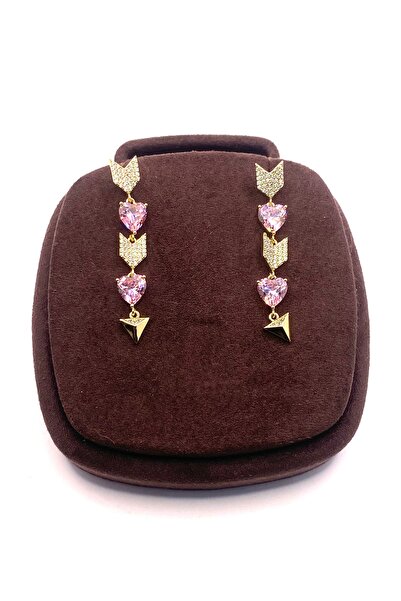 ÇİĞDEM Pembe Kalp Taşlı Ok Formlu Sallantılı Küpe