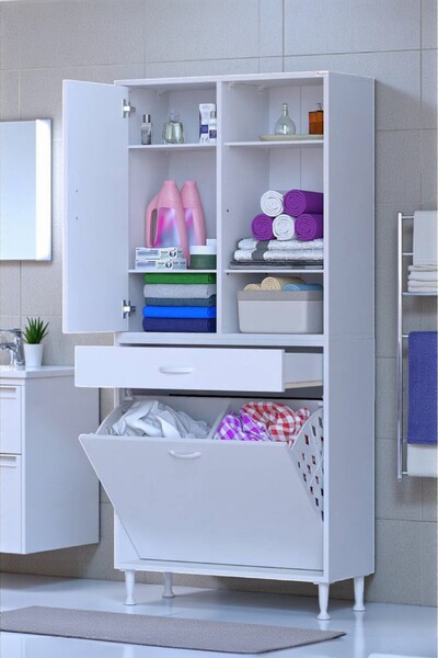 Eliusta Mira Dolap 6 Bölme Çok Fonksiyonlu Banyo Dolabı 85 cm Beyaz Sepetli D...