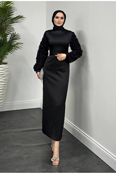 She Olive White Hijab Evening Dress with Rose Detail on the Sleeves – Special Occasion & Elegant Attire