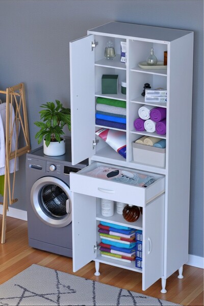 Eliusta Funci Beyaz Renk G:65 cm Banyo Dolabı 3 Kapaklı 7 Raflı Dolap 65x173x...